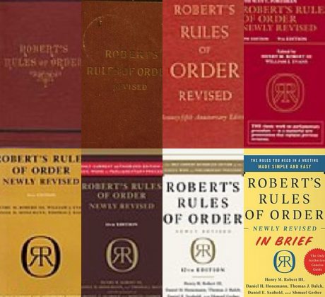 A graphic of a collage showing covers of various editions of Robert's Rules of Order